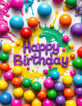 Vibrant birthday celebration with colorful paint splashes and cheerful decorations in a festive arrangementの素材