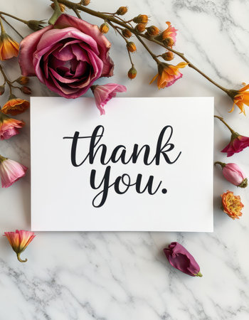 Stylish thank you card framed by dried flowers on marble surface in soft lightの素材