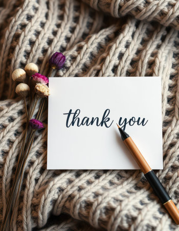 Thank you card with a decorative pen resting on a cozy knitted blanket and dried flowers in a warm settingの素材