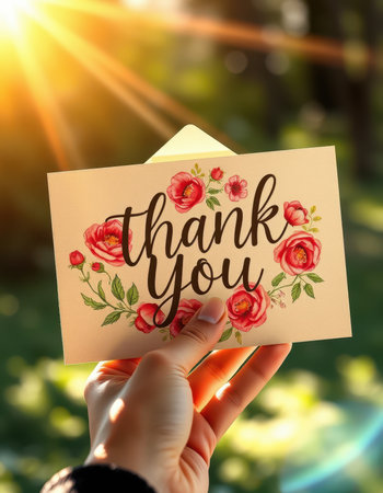 Hand holding a thank you card adorned with roses in a sunlit outdoor settingの素材