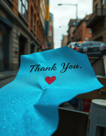 Bright thank you note on crumpled blue paper against urban backdropの素材