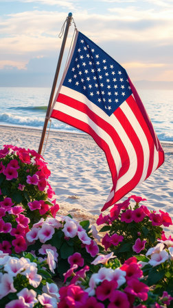 Waves gently lap the shore as an American flag stands among vibrant flowers at sunsetの素材
