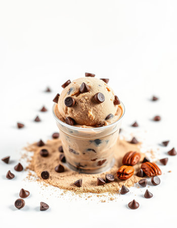 Delicious chocolate chip ice cream served in a cup with scattered chocolate chips and pecans on a white surfaceの素材