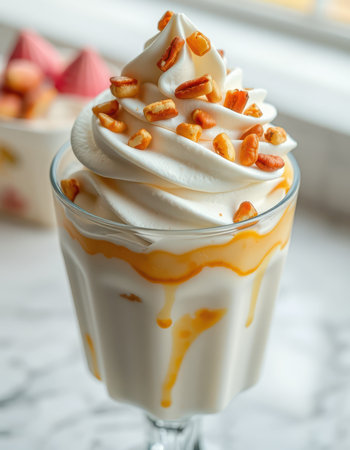 Delicious creamy dessert topped with crunchy nuts and drizzled with caramel in a glass cupの素材