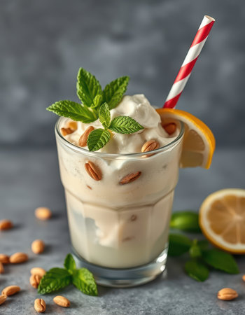 Creamy dessert drink with nuts and mint served in a clear glass with a striped straw and lemon garnishの素材