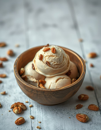 Delicious bowls of pecan ice cream garnished with chopped nuts on a rustic wooden tableの素材