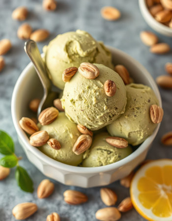Creamy green tea ice cream served in a white bowl topped with roasted peanuts and lemon sliceの素材
