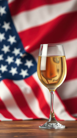 Wine glass in front of an American flag, symbolizing celebration and patriotism on a festive occasionの素材