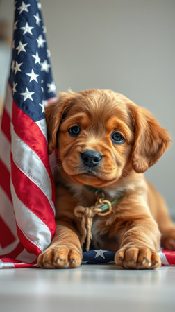 Cute puppy lying next to American flag with warm expression and soft fur indoorsの素材