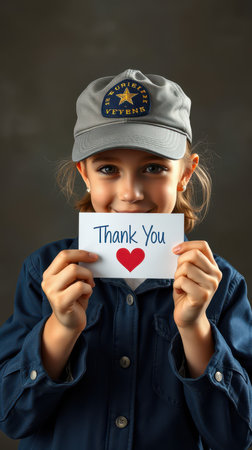 Child expresses gratitude with a heart symbol in a warm, intimate settingの素材