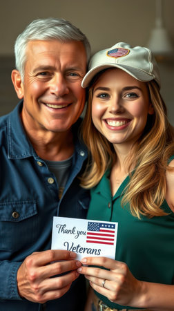 Veterans appreciation event featuring smiling individuals holding gratitude card indoorsの素材