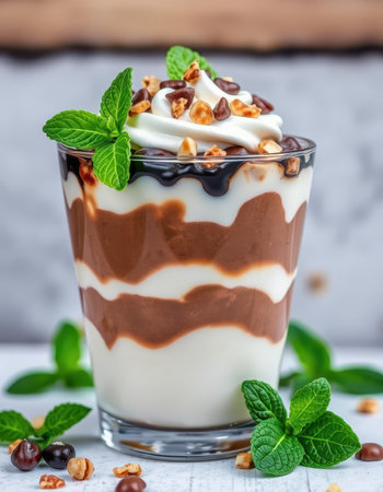 Delicious layered dessert served in a clear glass with chocolate, cream, and nuts garnished with fresh mintの素材