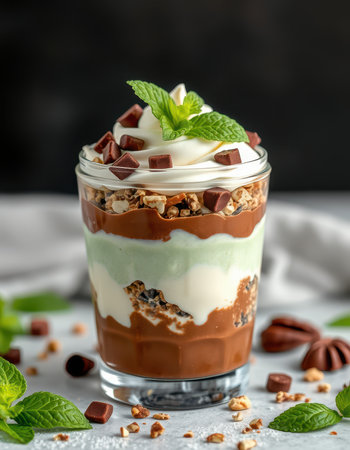 Decadent layered dessert served in a glass with chocolate, cream, and mintの素材