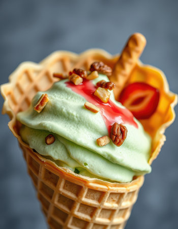 Fresh mint ice cream cone topped with cherry syrup and nuts against a gray backgroundの素材