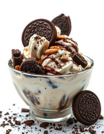 Delightful dessert bowl filled with creamy ice cream, chocolate syrup, and cookie pieces topped with nutsの素材