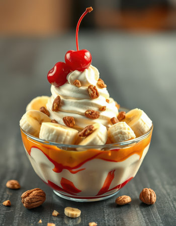 Delicious banana sundae with whipped cream and cherries served in a bowl on a wooden tableの素材