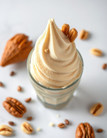 Delicious creamy dessert with nuts served in a glass on a white surface in a cozy settingの素材