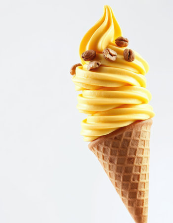 Soft serve ice cream cone topped with roasted coffee beans in a simple backgroundの素材
