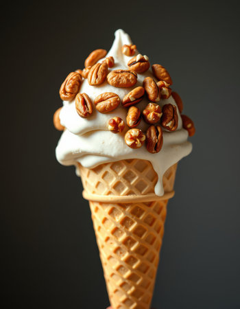 Delicious ice cream cone topped with honey roasted nuts served against a dark backgroundの素材