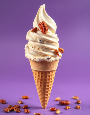 Decadent ice cream cone topped with pecans against a vivid purple backgroundの素材