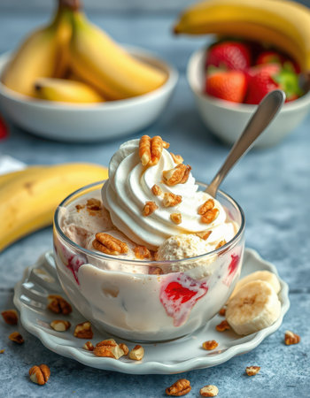 Delicious dessert with ice cream, fresh fruit, and nuts served in a glass bowl on a blue backgroundの素材