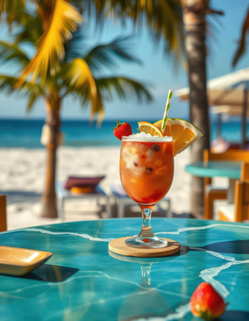 Refreshing tropical drink on a colorful table by the beach during a sunny dayの素材