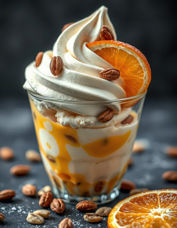 Creamy orange dessert with whipped cream and nuts served in a glass on a dark backgroundの素材