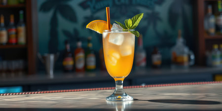 Refreshing tropical cocktail served with mint and orange garnish on bar counter at sunsetの素材