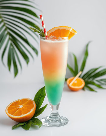Colorful tropical mocktail with orange slice and mint leaves on a light backgroundの素材