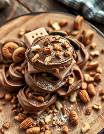 Decadent dessert arrangement with chocolate, nuts, and sweet toppings on wooden plate in cozy settingの素材