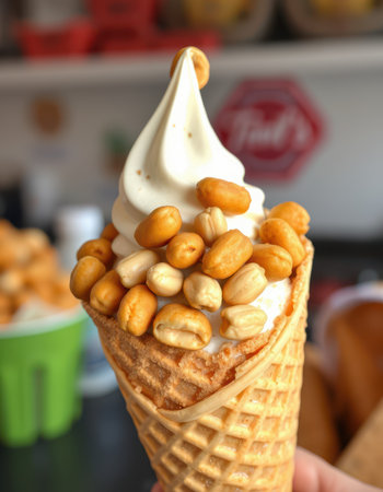 Delicious ice cream cone topped with crunchy peanuts in a cozy dessert shop during a sunny afternoonの素材