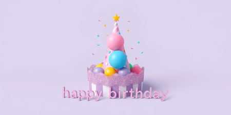 Colorful birthday cake with festive decorations celebrating a joyful occasionの素材