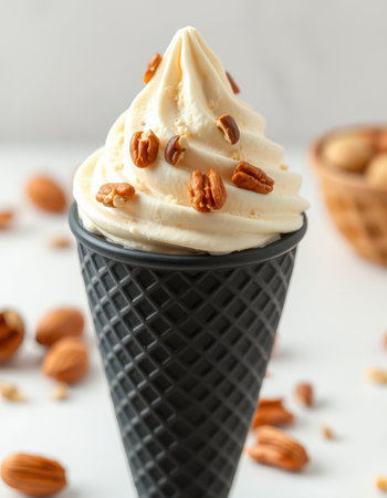 Delicious ice cream in a black cone topped with nuts, set against a light background with scattered almondsの素材