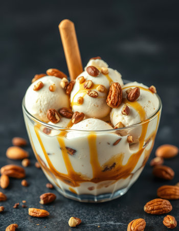 Sweet vanilla ice cream topped with caramel sauce and chopped nuts served in a clear bowlの素材