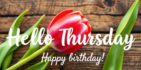 Festive birthday greeting on a wooden table adorned with a red tulip and green leaves, celebrating Thursday in a cheerful mannerの素材