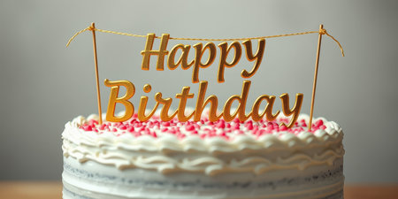 Birthday cake with a cheerful decoration at a celebration event in a cozy indoor settingの素材