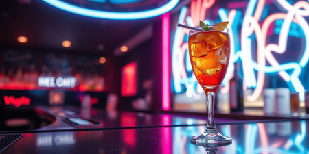 Vibrant cocktail served in a stylish bar illuminated by neon lights at nightの素材