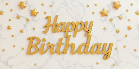 Happy birthday decoration with golden stars on a marble background for celebration eventの素材