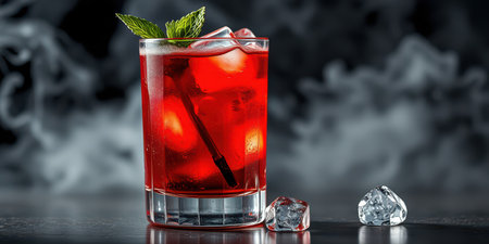 Refreshing red cocktail served in a glass with mint garnish and ice on a dark backgroundの素材