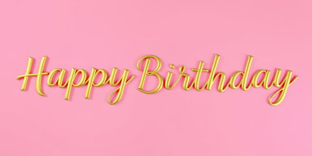 Colorful happy birthday greeting in golden cursive on a pink background for celebration and festivityの素材