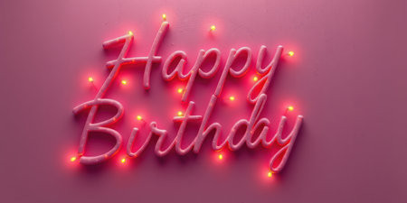 Colorful neon happy birthday sign glowing against pink background for celebration decorの素材