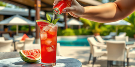 Refreshing summer cocktail preparation by the poolside in a tropical resort setting with fresh watermelon slicesの素材