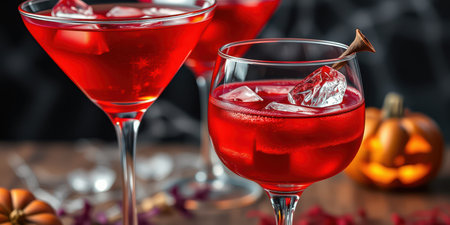 Colorful red cocktails with ice in elegant glasses on a festive table during a celebrationの素材