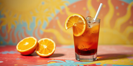 Refreshing citrus drink with playful background, showcasing summer vibes and vibrant colors in a lively settingの素材