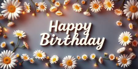 Festive birthday greeting decorated with daisies and warm lights in a joyful celebration settingの素材