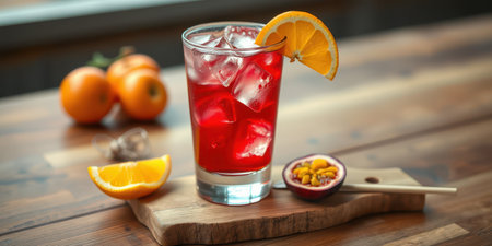 Refreshing summer drink with citrus fruits served on a wooden tableの素材
