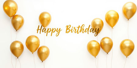 Birthday celebration decorations with golden balloons and a cheerful message on a white backgroundの素材