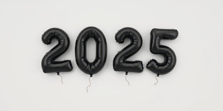 Celebration of the year 2025 with black balloons marking the occasionの素材