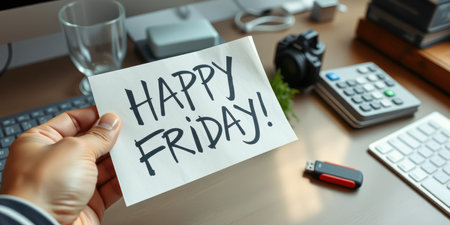 Holding a handwritten note that says Happy Friday in a modern office settingの素材