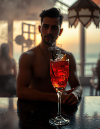 Young man relaxing at a bar with a cocktail during a sunset by the beachの素材
